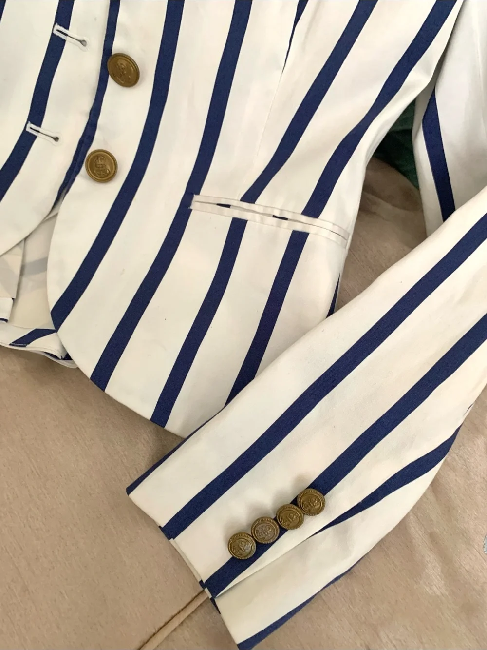 Ralph Lauren Navy Blue & White Nautical Striped Button-Front Jacket Blazer